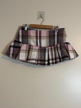 Micro Mini Skirt Juniors SM Pink Brown Plaid Pleated Low Rise School Girl Twee